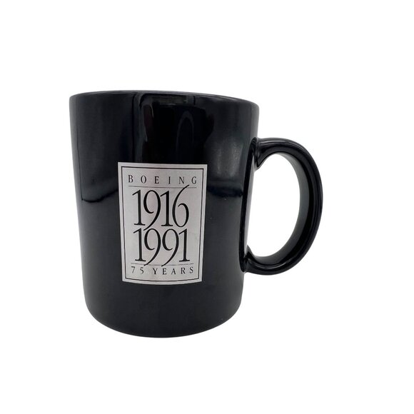 Boeing 1916-1991 75 Years Black Ceramic Mug 3.75" Aero Aviation Logo Vintage Cup - Picture 1 of 6